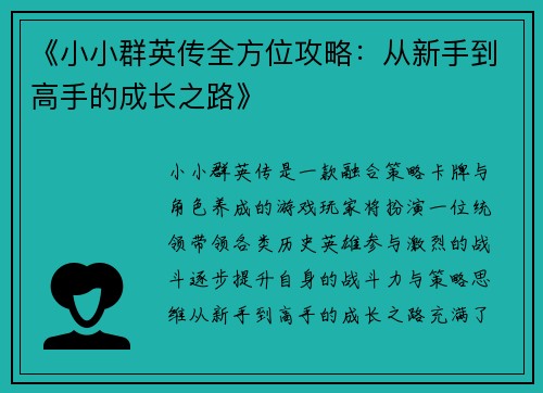 《小小群英传全方位攻略：从新手到高手的成长之路》
